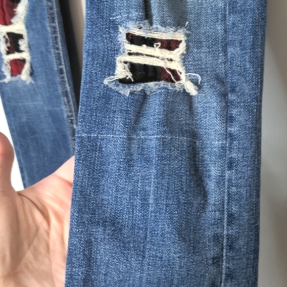 Rag & Bone The Skinny Sloane Plaid Repair Distressed Jeans Red Black Low Rise 24 - Picture 6 of 16